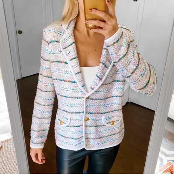 💐 ELEGANCE WHITE MULTI TWEED KNIT SWEATER BLAZER!