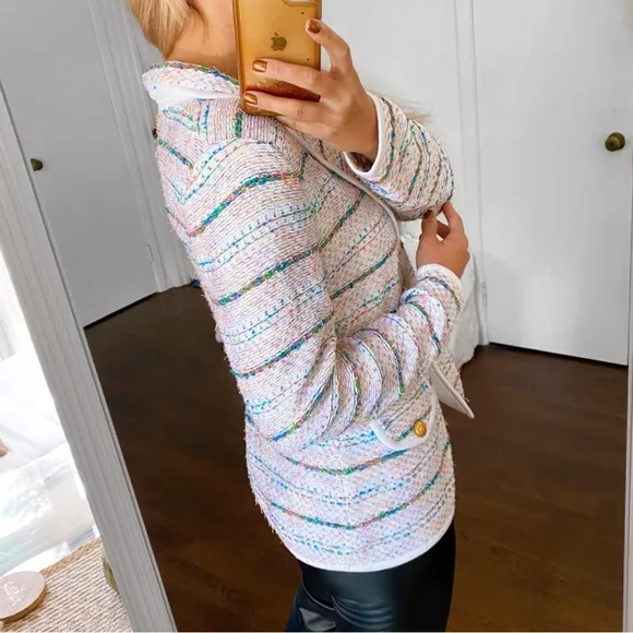 💐 ELEGANCE WHITE MULTI TWEED KNIT SWEATER BLAZER!