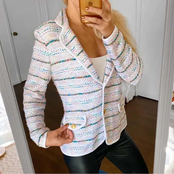 💐 ELEGANCE WHITE MULTI TWEED KNIT SWEATER BLAZER!