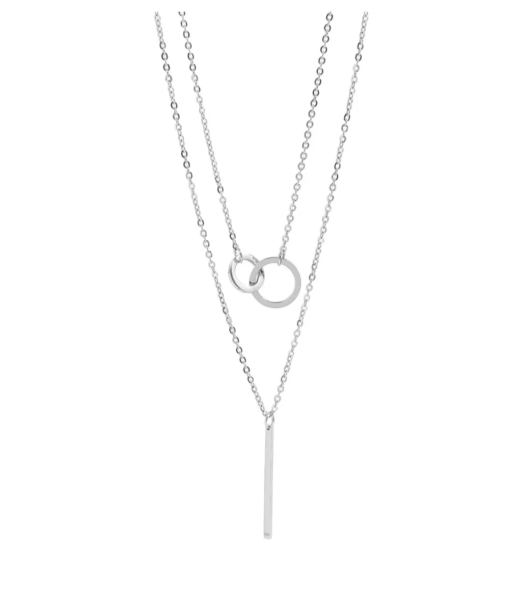 18K Gold PVD Stainless Steel Interlocked Circle and Bar Layered Charm Necklace - In Silver