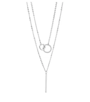 18K Gold PVD Stainless Steel Interlocked Circle and Bar Layered Charm Necklace - In Silver
