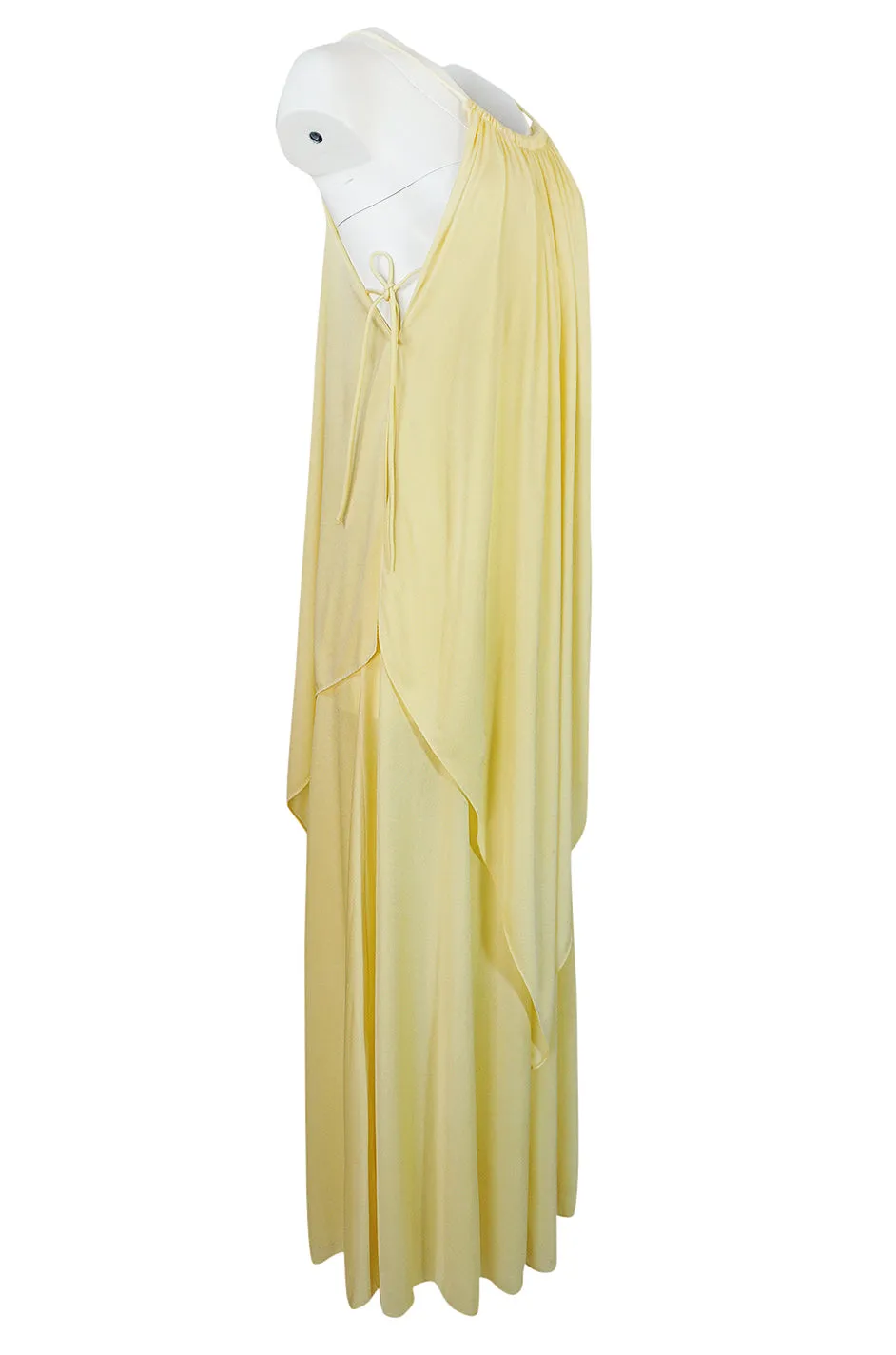 1970s Unlabeled Light Yellow Jersey Layered & Tiered Halter Dress