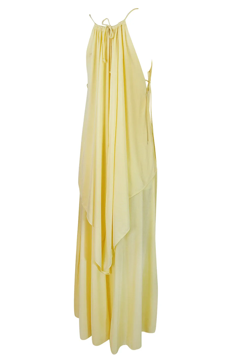 1970s Unlabeled Light Yellow Jersey Layered & Tiered Halter Dress