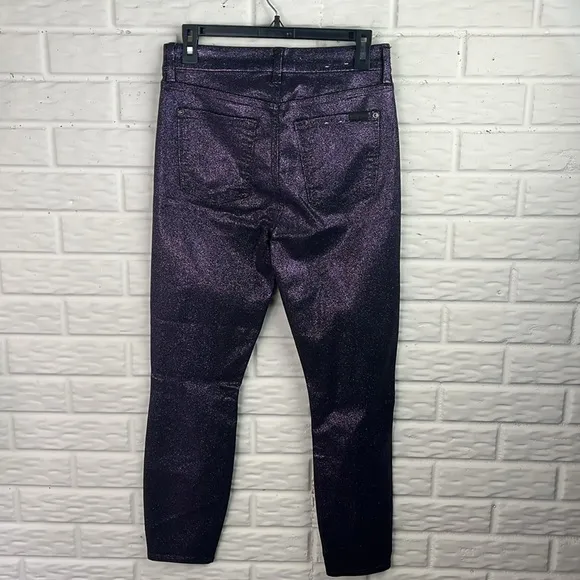 7 FOR ALL MANKIND HIGH WAIST SKINNY JEANS PURPLE GLITTER STRETCHY SIZE 28