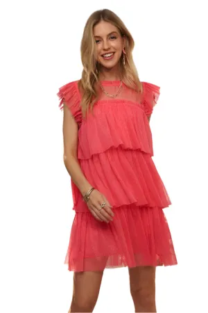 ADORA Layered Ruffled Cap Sleeve Mesh Dress