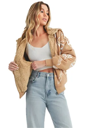 Aemi   Co Flower Print Zip Up Sherpa Hoodie