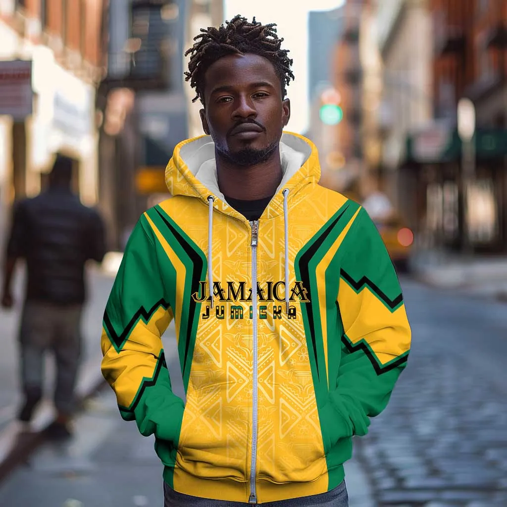 Afro-Jamaica Custom Zip Hoodie Golden Ethnic Motifs LT7