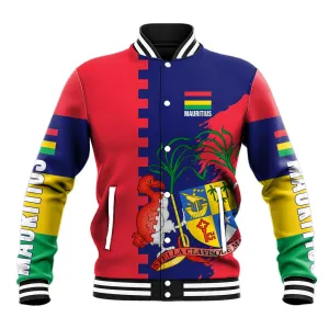 Afro Mauritius Baseball Jacket Map Design with Flag Coat of Arms TS04