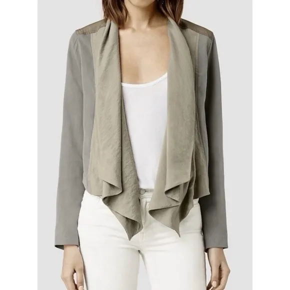ALL SAINTS Kwar cropped long sleeve jacket khaki  block green tan Women Size 2