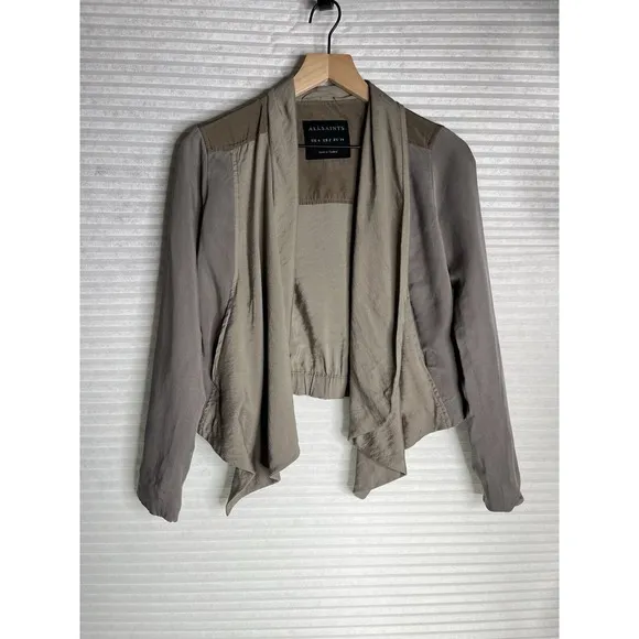 ALL SAINTS Kwar cropped long sleeve jacket khaki  block green tan Women Size 2