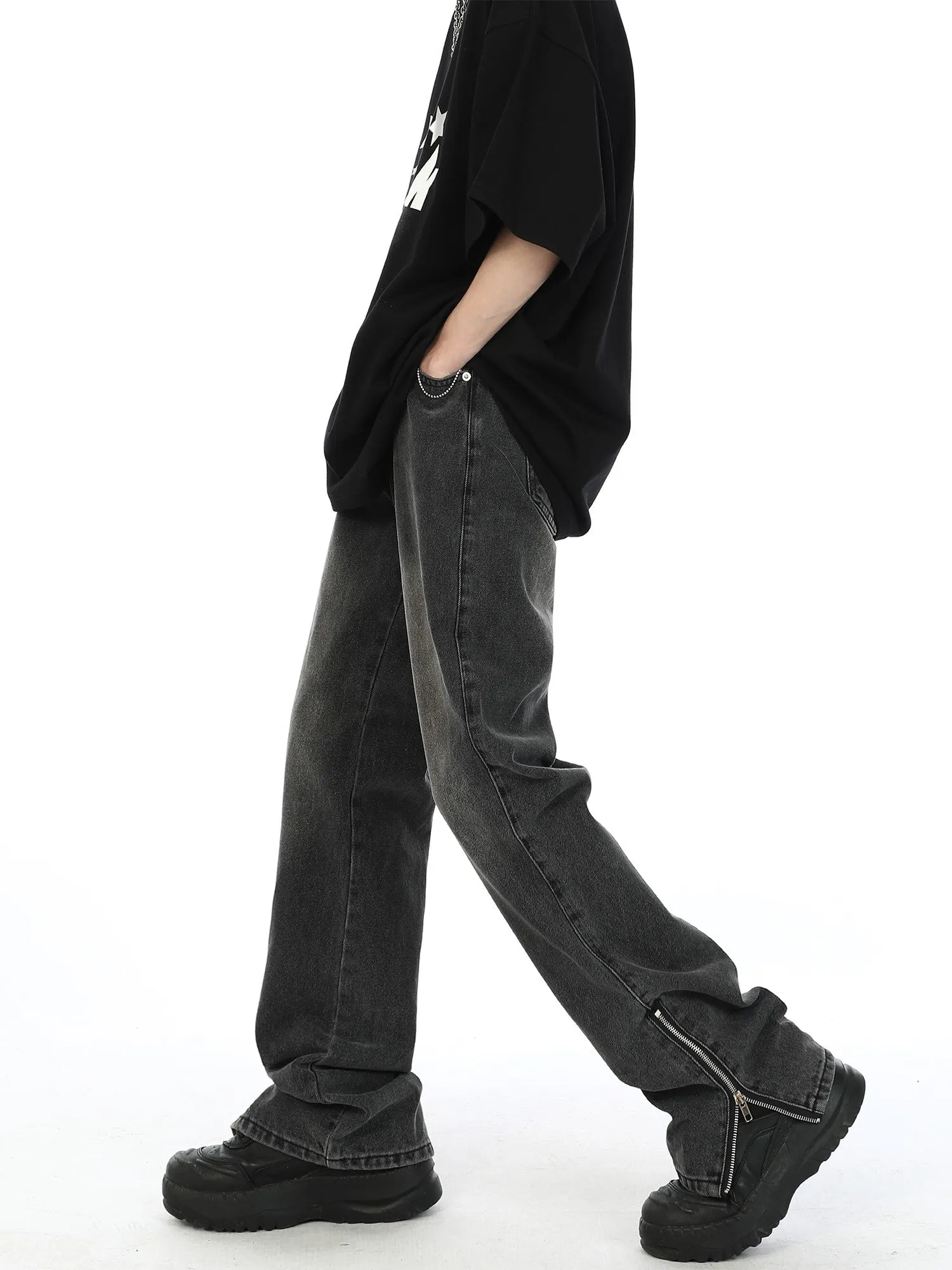 Ankle Zipper Slit Distressed Jeans