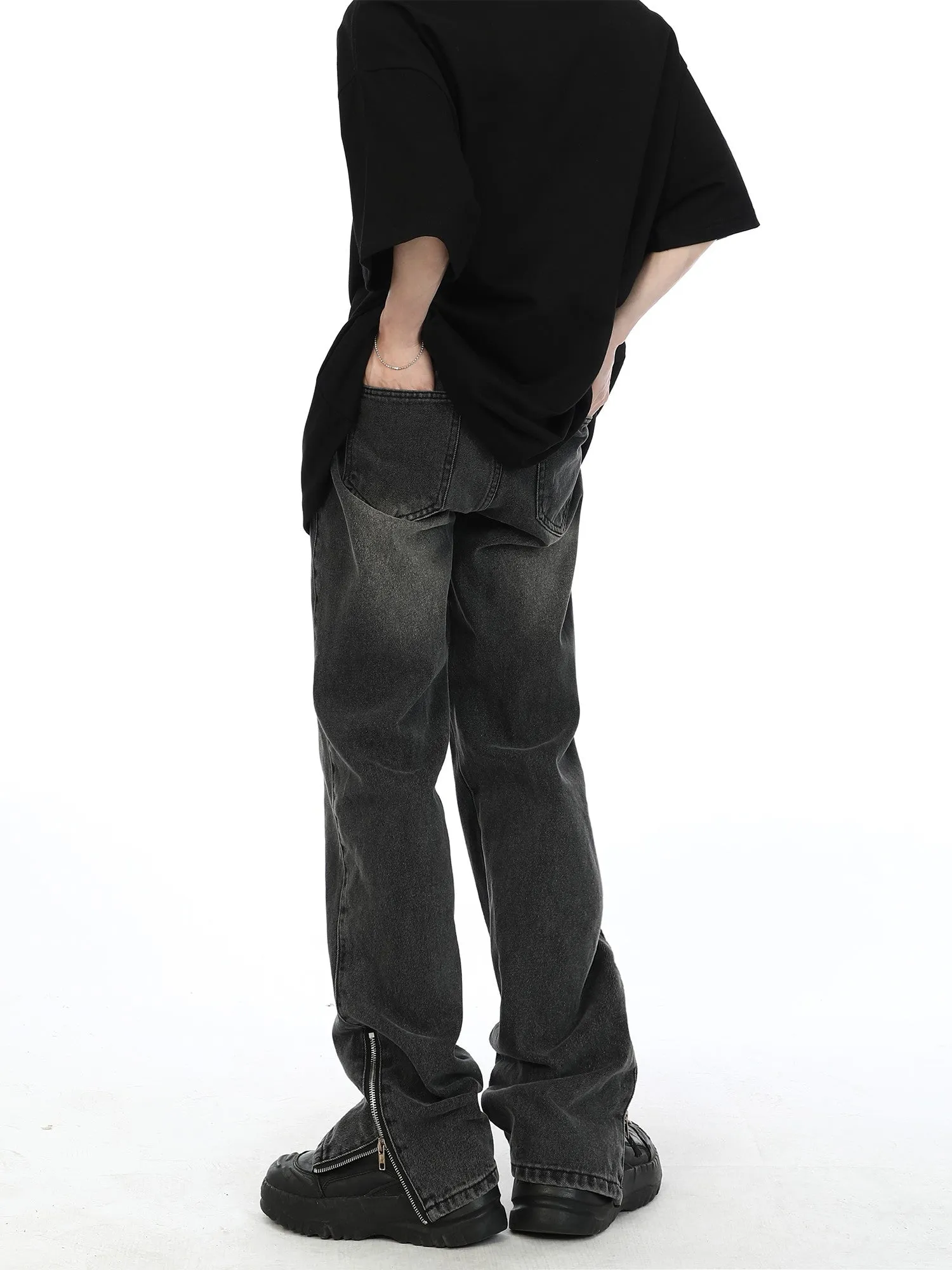 Ankle Zipper Slit Distressed Jeans