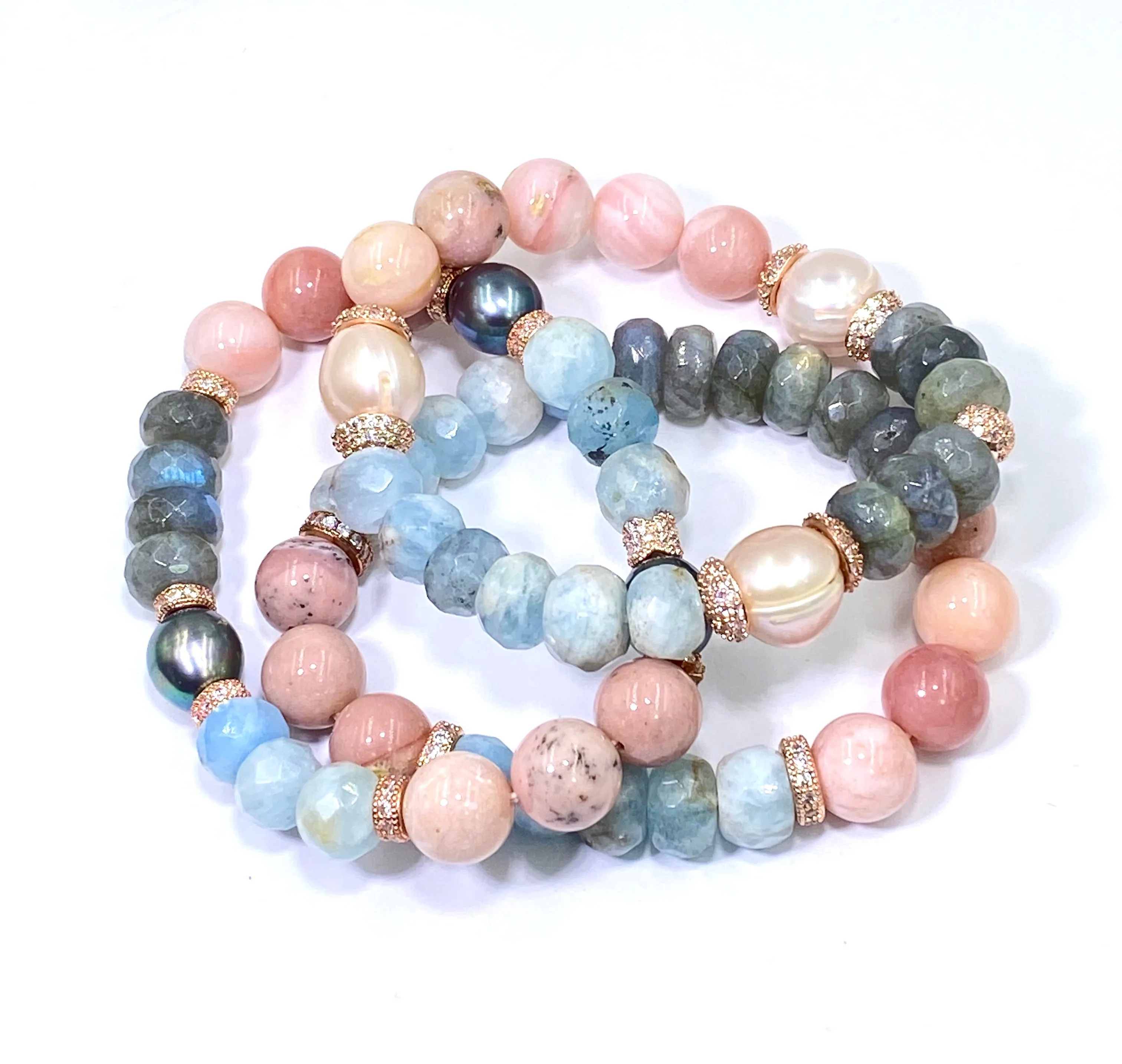 Aquamarine, Labradorite, Pink Opal, Blush Pearl, Rose Gold Pave CZ Bracelet 3
