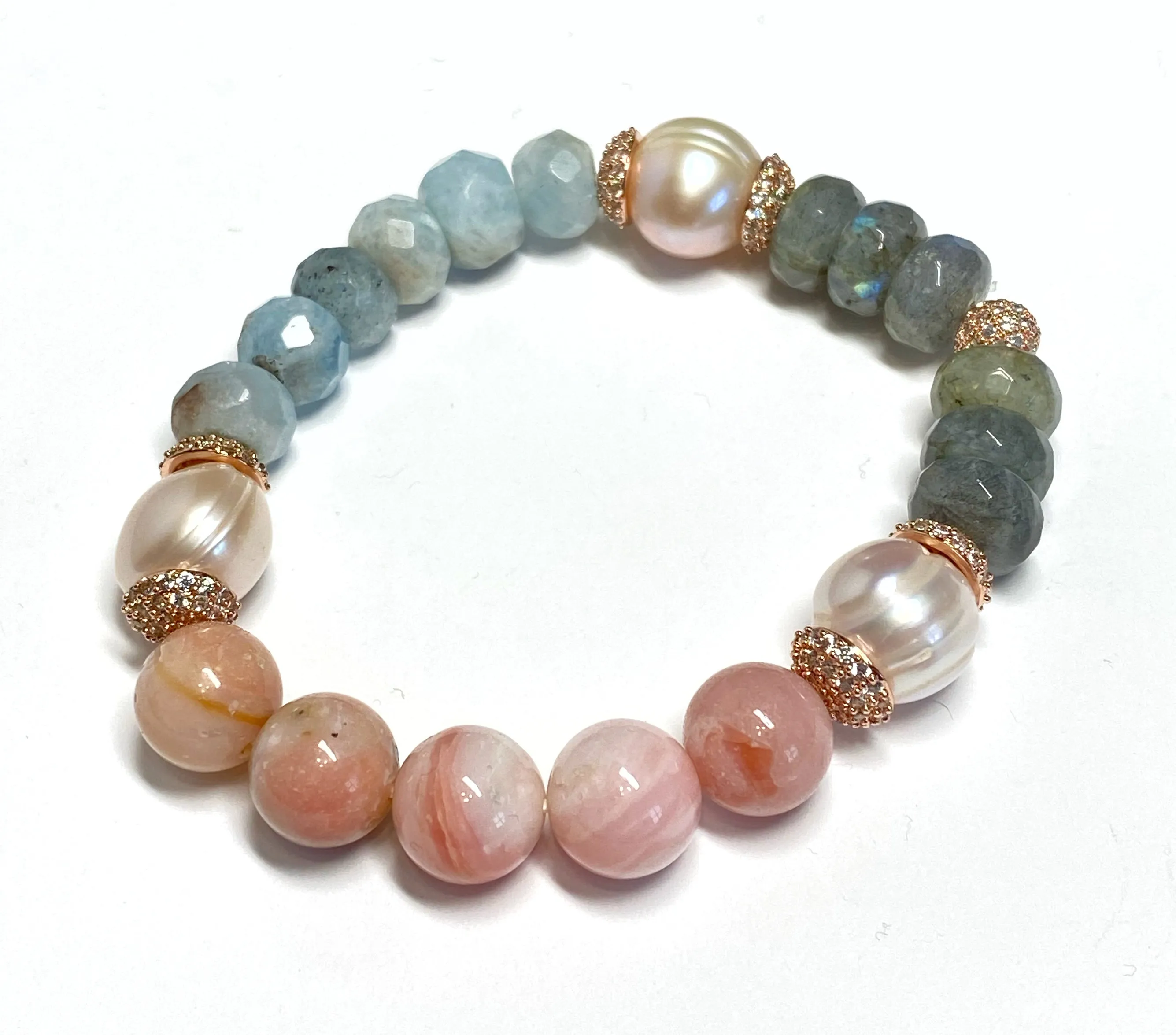 Aquamarine, Labradorite, Pink Opal, Blush Pearl, Rose Gold Pave CZ Bracelet 3