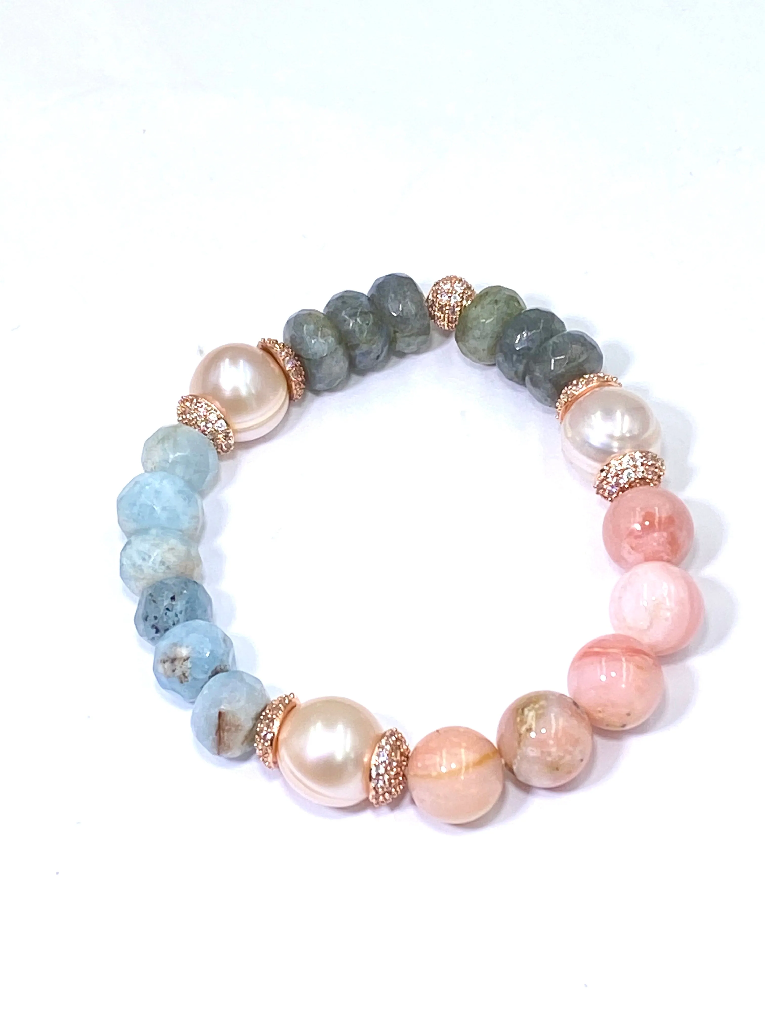 Aquamarine, Labradorite, Pink Opal, Blush Pearl, Rose Gold Pave CZ Bracelet 3