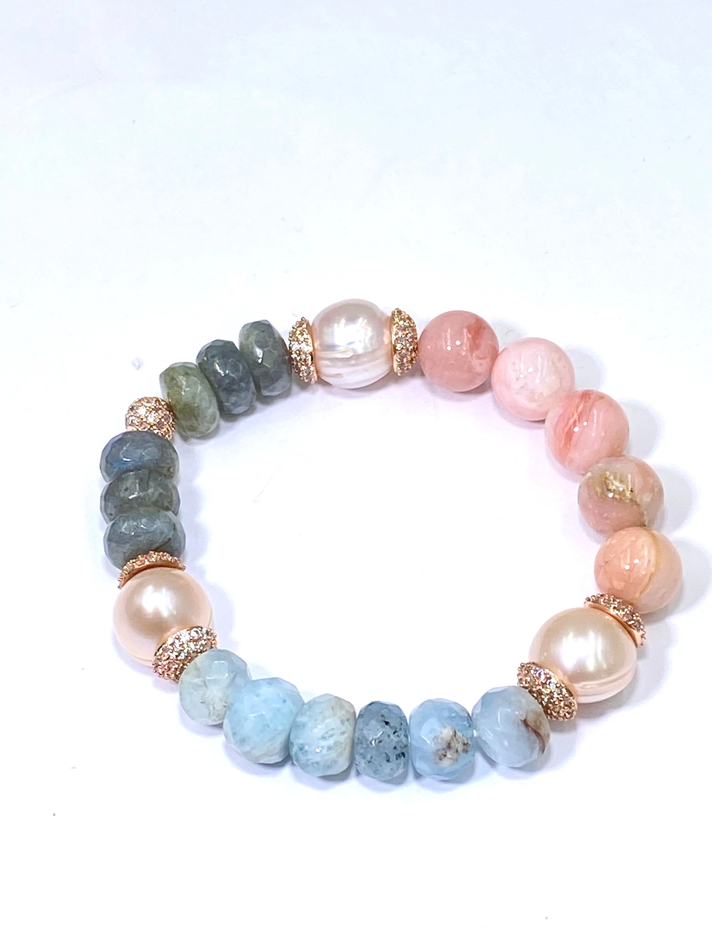 Aquamarine, Labradorite, Pink Opal, Blush Pearl, Rose Gold Pave CZ Bracelet 3