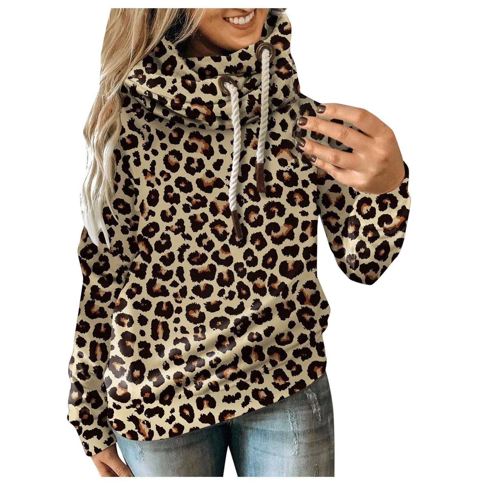 Autumn Winter Leopard Sweatshirts Women Hooded Print Leopard Hoodies Casual Camo Splice Drawstring Pullover Hoodie Fashion Top