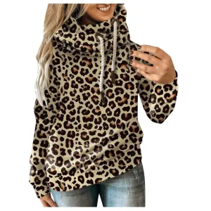 Autumn Winter Leopard Sweatshirts Women Hooded Print Leopard Hoodies Casual Camo Splice Drawstring Pullover Hoodie Fashion Top