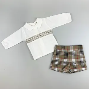 Baby Boys Beige Tartan Two Piece Outfit- Shirt and Shorts