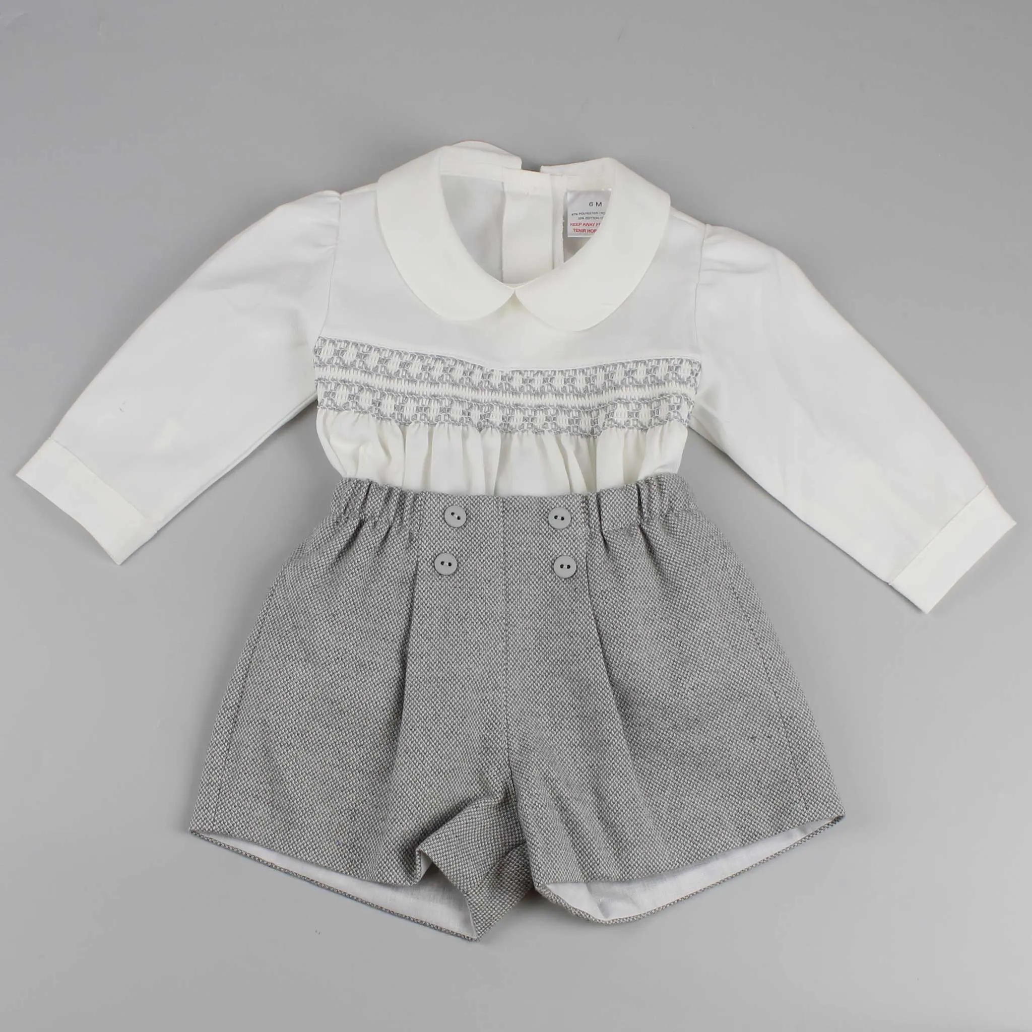 Baby Boys Grey Shorts with White Smocked Shirt