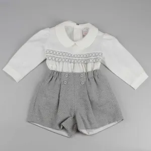 Baby Boys Grey Shorts with White Smocked Shirt