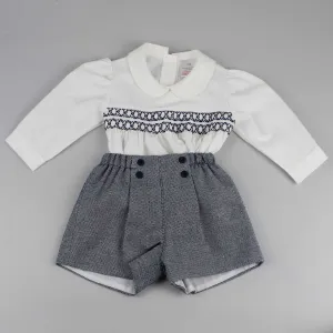 Baby Boys Navy Shorts with White Smocked Shirt