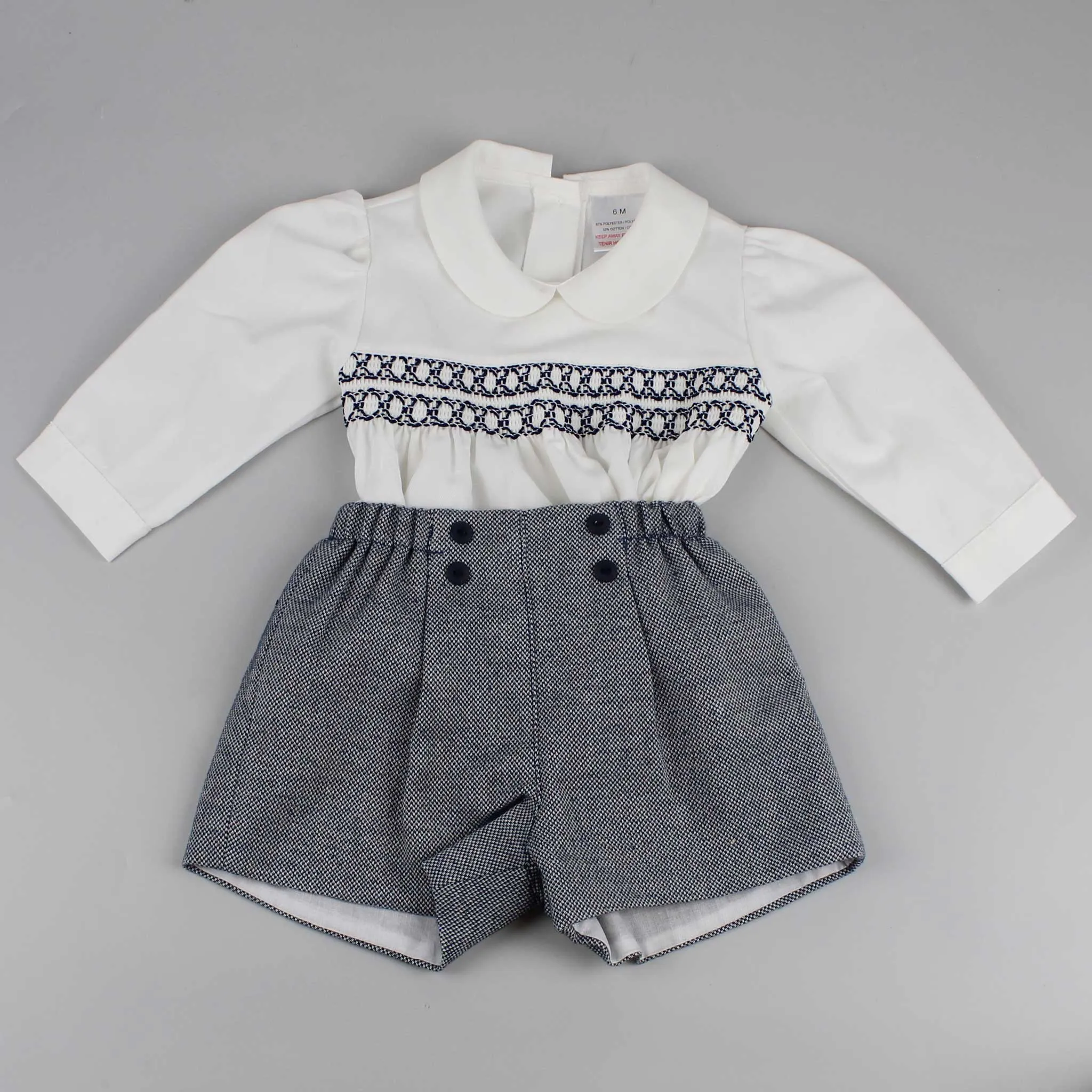Baby Boys Navy Shorts with White Smocked Shirt