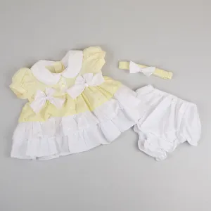 Baby Girls Lemon and White Dress Set with Knickers and Headband