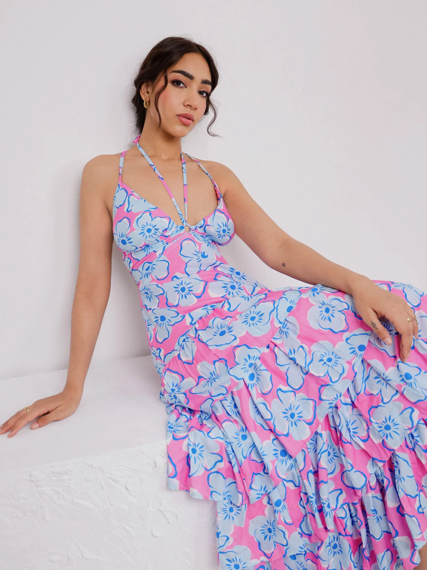 Back Tie Up Layered Printed Maxi Dress