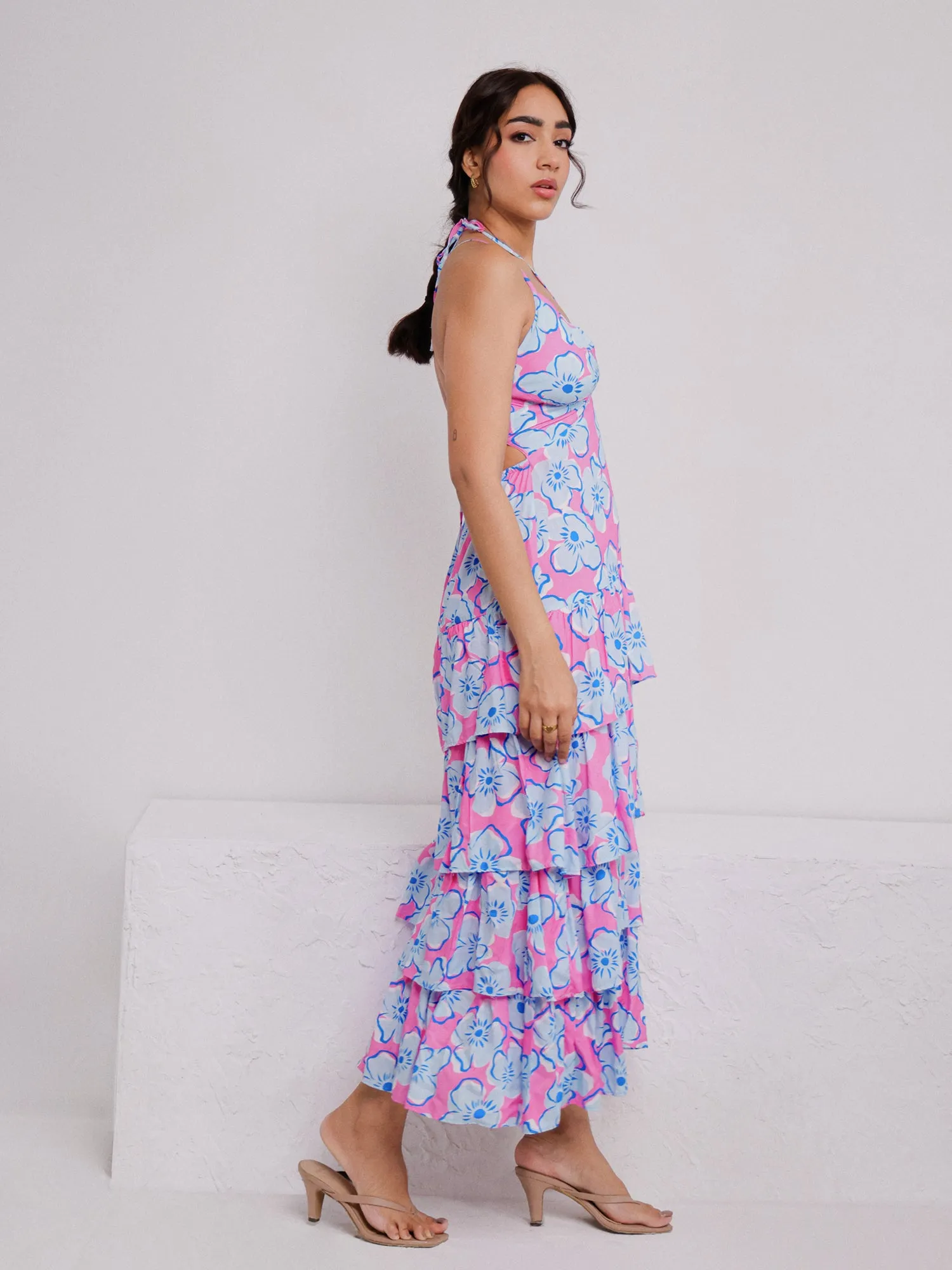 Back Tie Up Layered Printed Maxi Dress