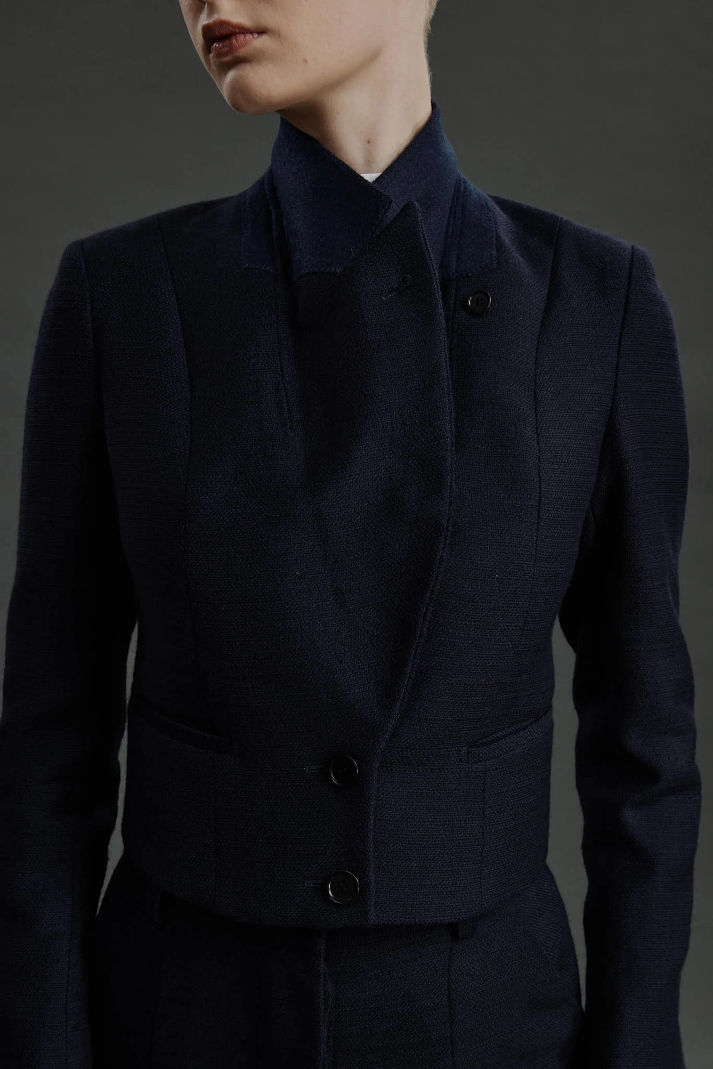 Barreiro Jacket - Short jacket in midnight blue basketweave wool