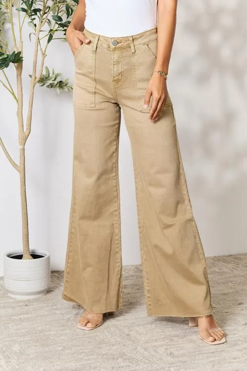BAYEAS Raw Hem Wide Leg  Khaki Jeans