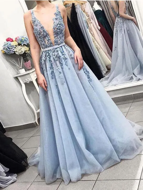 Beautiful Beaded Powder Blue A-line V-neck Plunging Neck Sweep Train Prom Dress, SP497