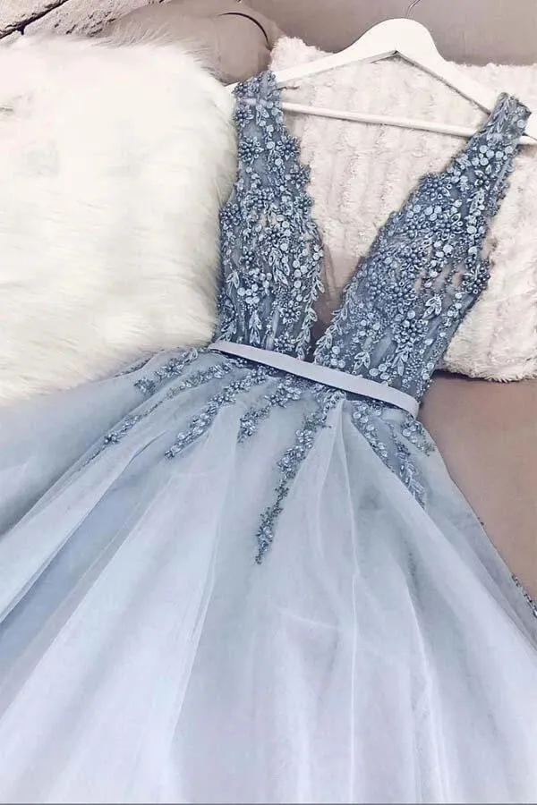 Beautiful Beaded Powder Blue A-line V-neck Plunging Neck Sweep Train Prom Dress, SP497