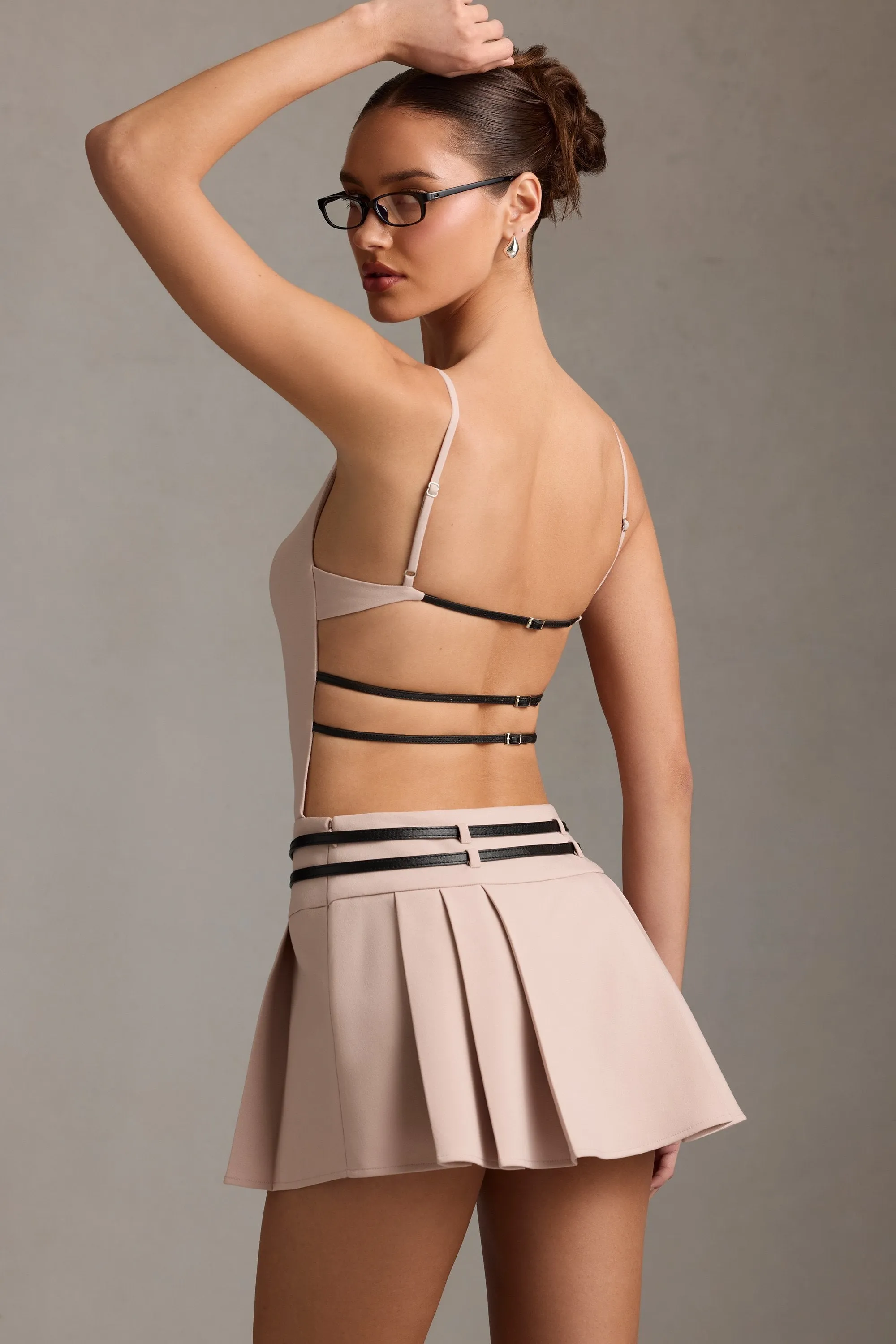 Belted Backless Pleated Mini Dress in Mushroom