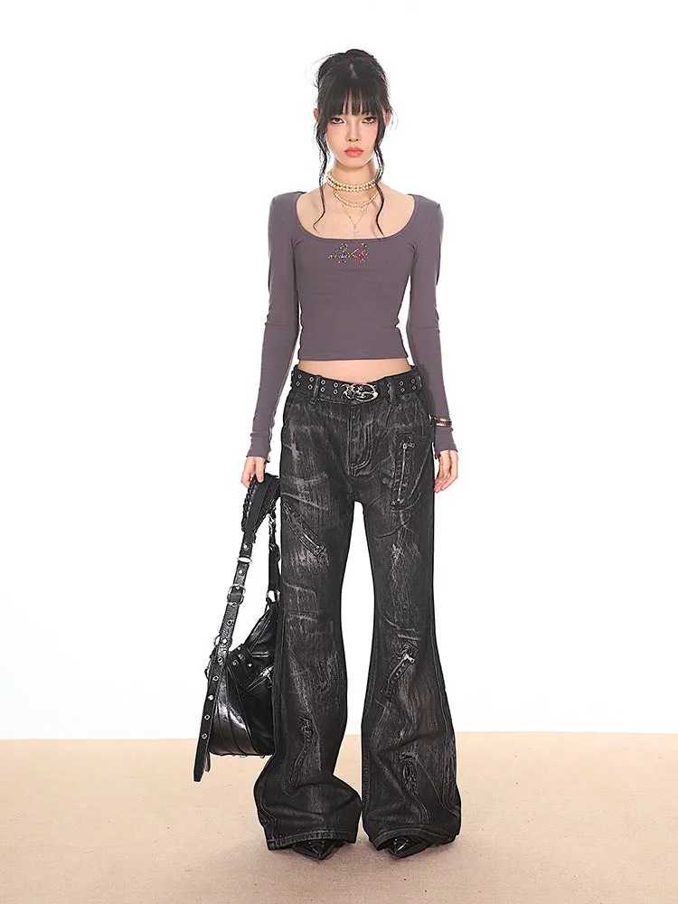 Black Distressed Denim Jeans with Zipper Details