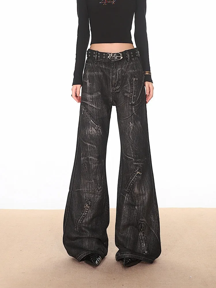 Black Distressed Denim Jeans with Zipper Details
