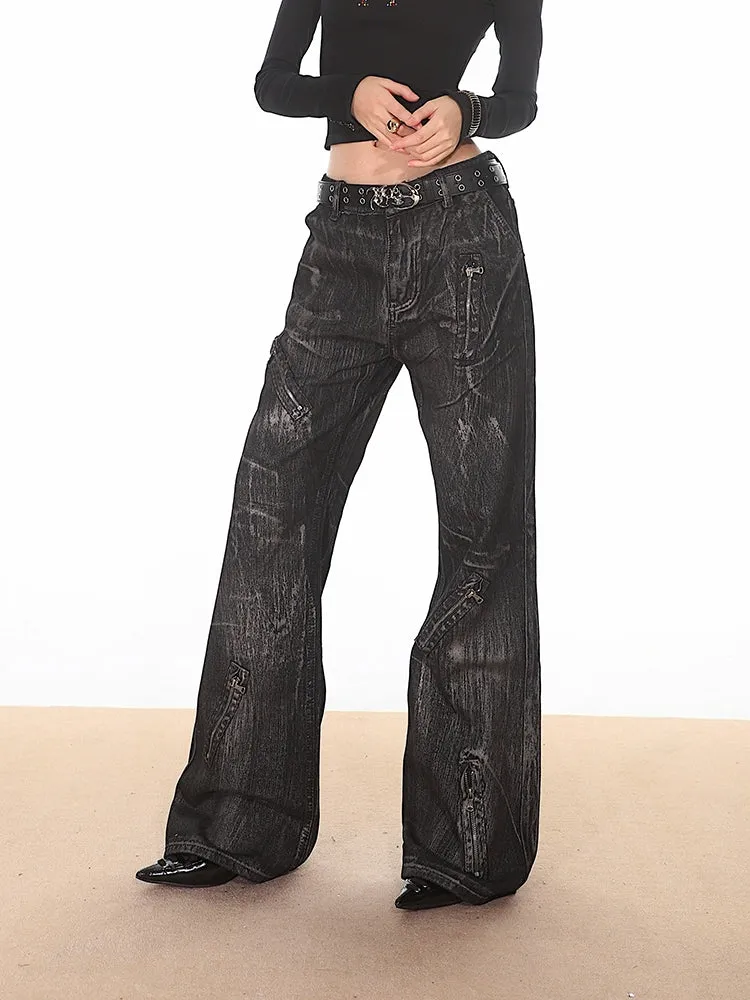 Black Distressed Denim Jeans with Zipper Details