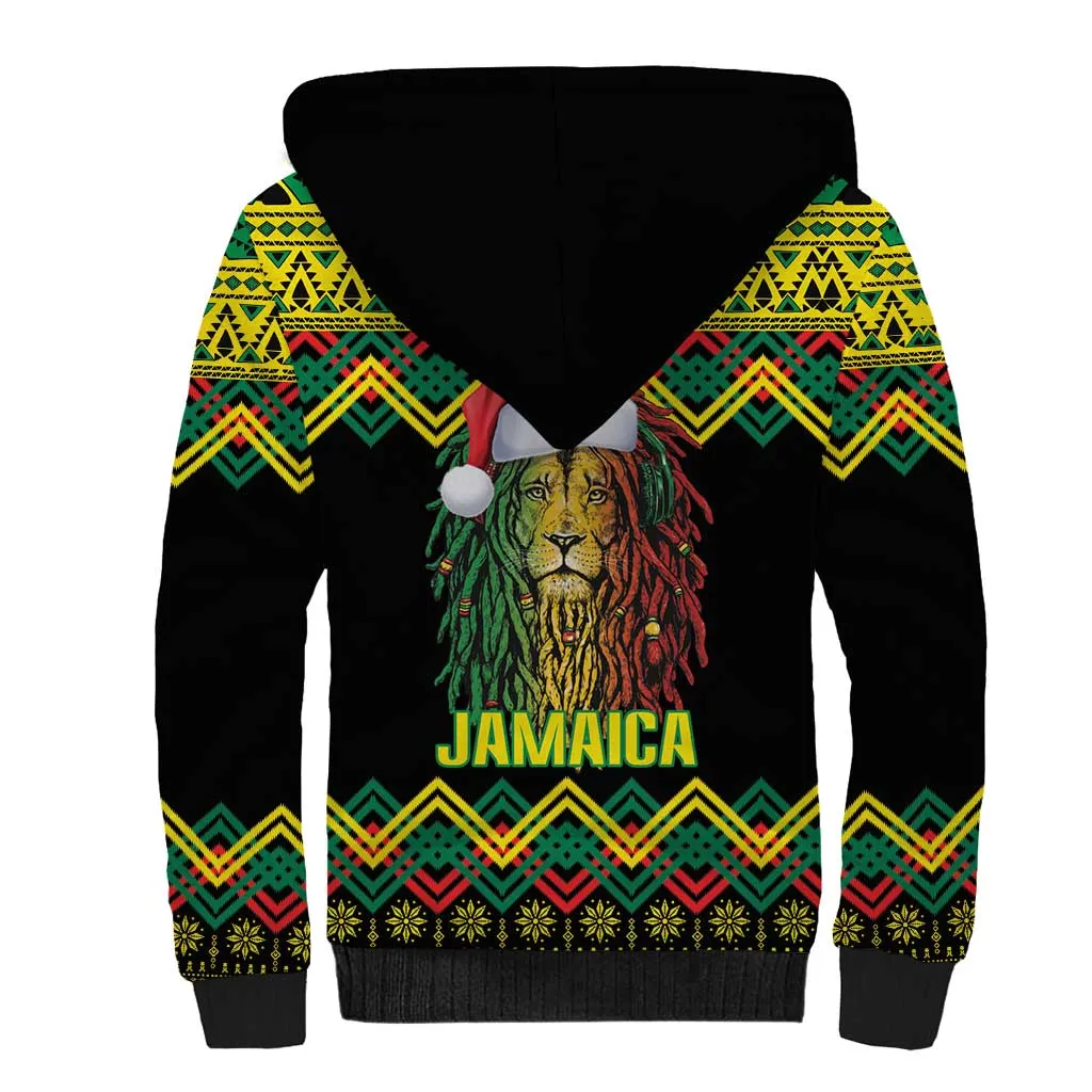 Black Jamaican Christmas Sherpa Hoodie Reggae Lion With Kente Pattern LT18