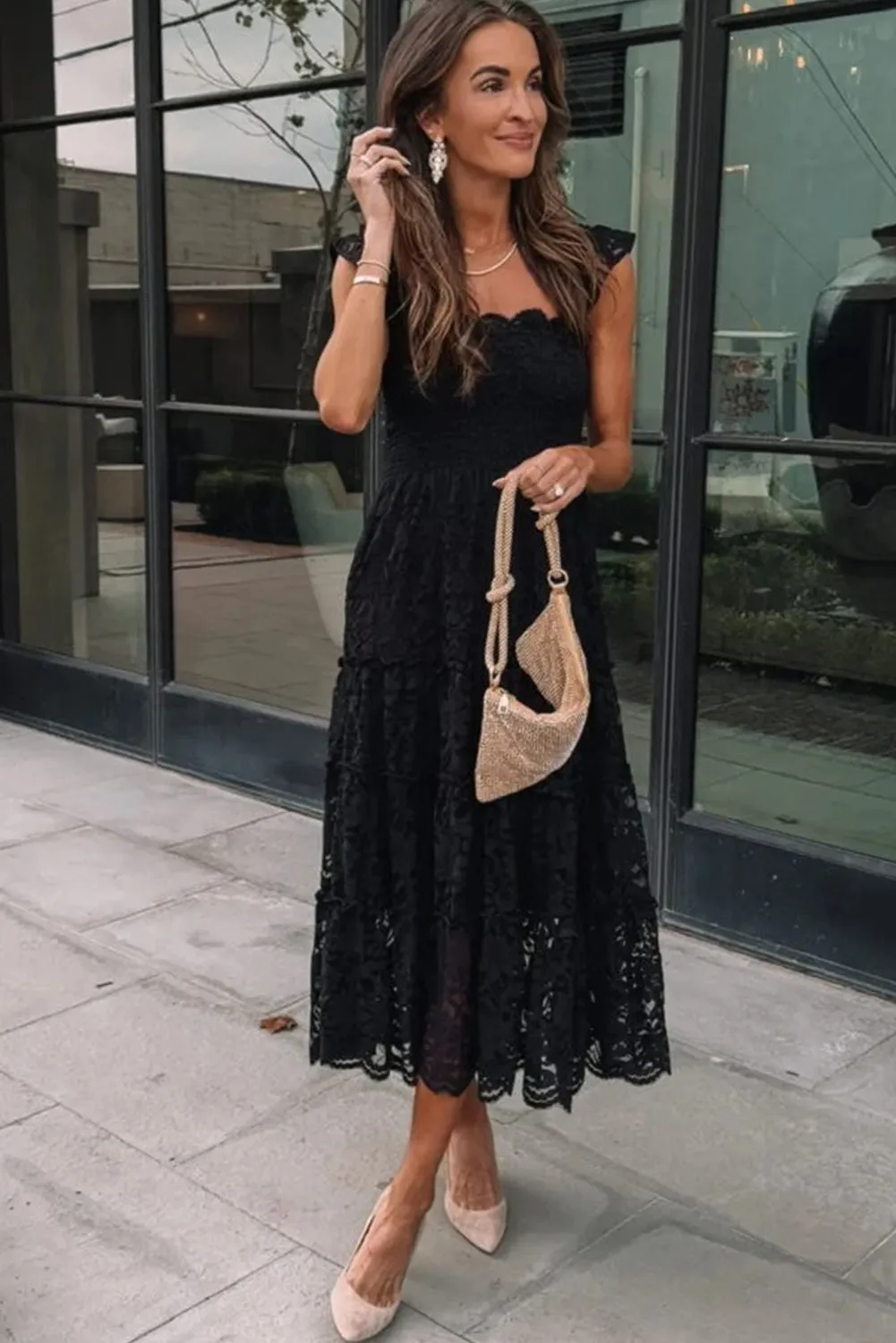 Black Lace Smocked Bodice Sleeveless Midi Dress