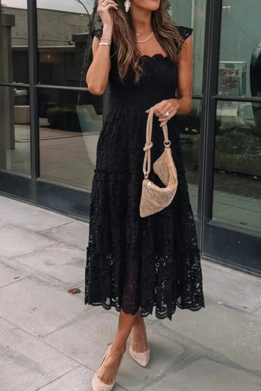 Black Lace Smocked Bodice Sleeveless Midi Dress