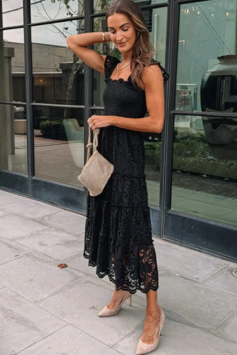 Black Lace Smocked Bodice Sleeveless Midi Dress