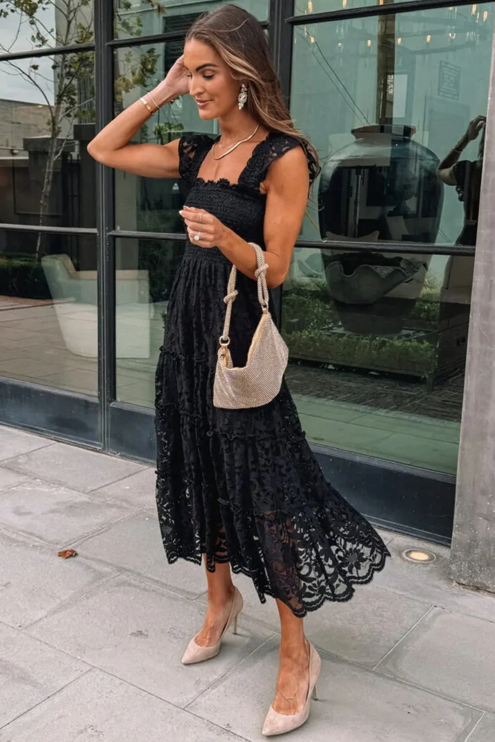 Black Lace Smocked Bodice Sleeveless Midi Dress