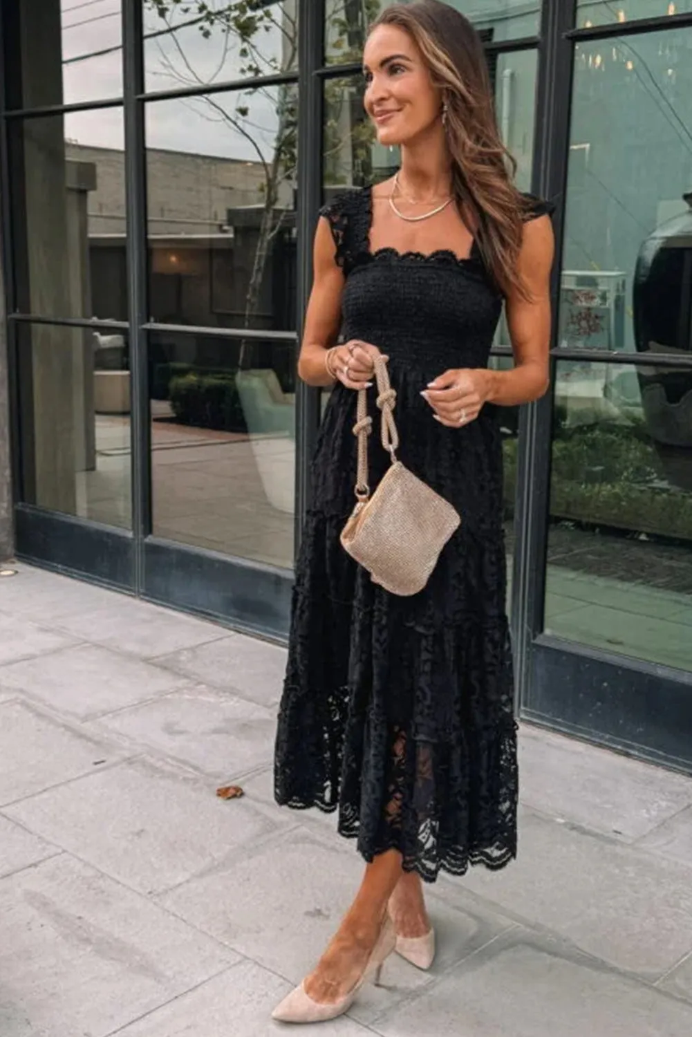 Black Lace Smocked Bodice Sleeveless Midi Dress
