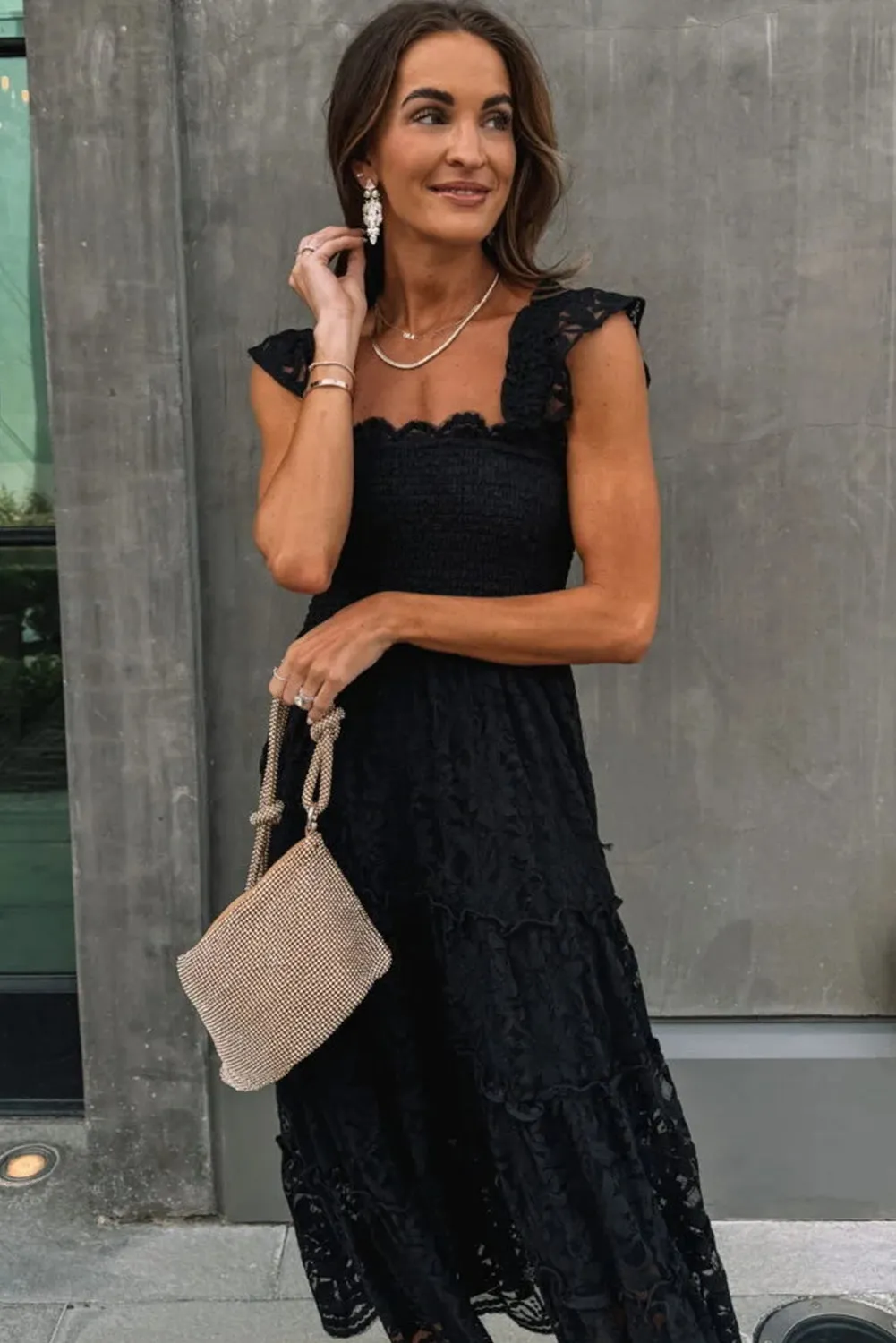 Black Lace Smocked Bodice Sleeveless Midi Dress
