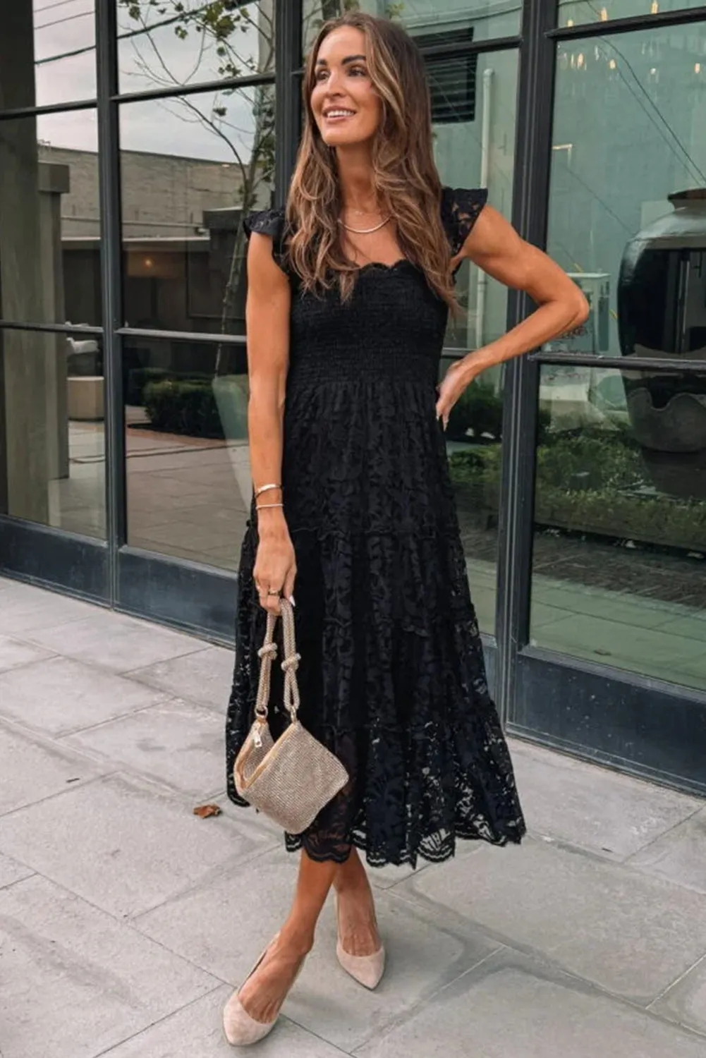 Black Lace Smocked Bodice Sleeveless Midi Dress