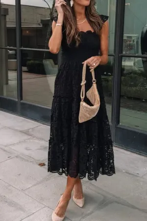 Black Lace Smocked Bodice Sleeveless Midi Dress