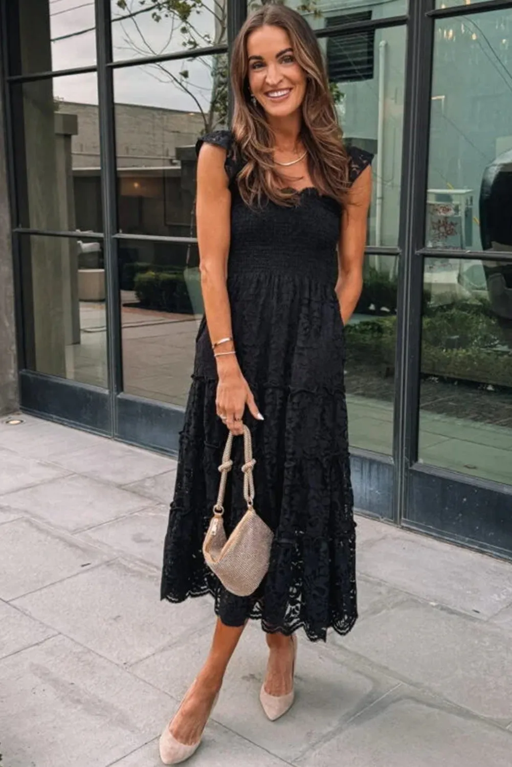 Black Lace Smocked Bodice Sleeveless Midi Dress