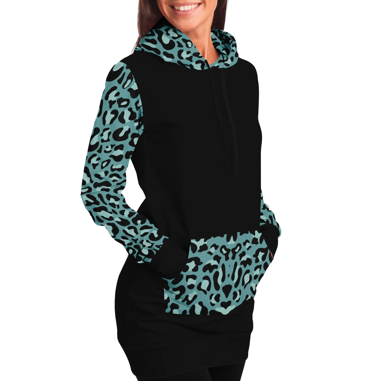 Black Longline Hoodie Dress With Minty Teal Leopard Print Contrast Sleeves, Pocket and Hood