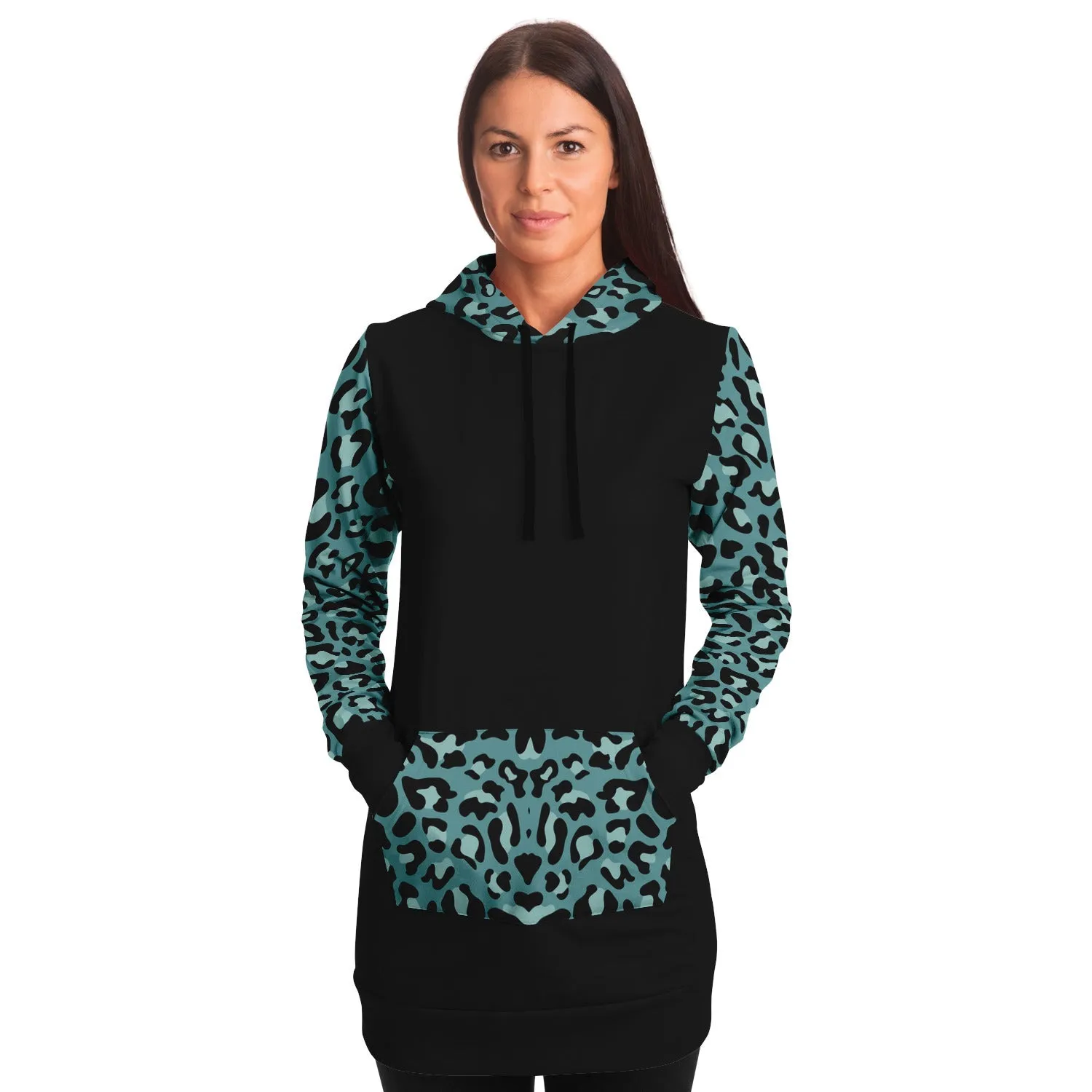 Black Longline Hoodie Dress With Minty Teal Leopard Print Contrast Sleeves, Pocket and Hood